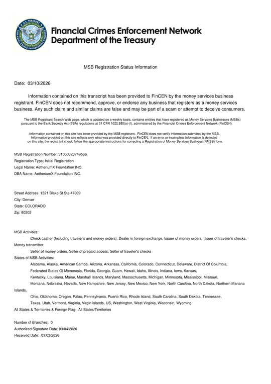 Preview of the AetheriumX Foundation INC. FinCEN MSB registration record